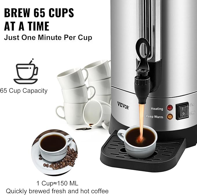 VEVOR Commercial Coffee Urn, 65Cups/9.75L Stainless Steel Large Coffee Dispenser, 1500W 110V Electric Coffee Maker Urn For Quick Brewing, Hot Water Urn with Water Gauge for Easy Viewing