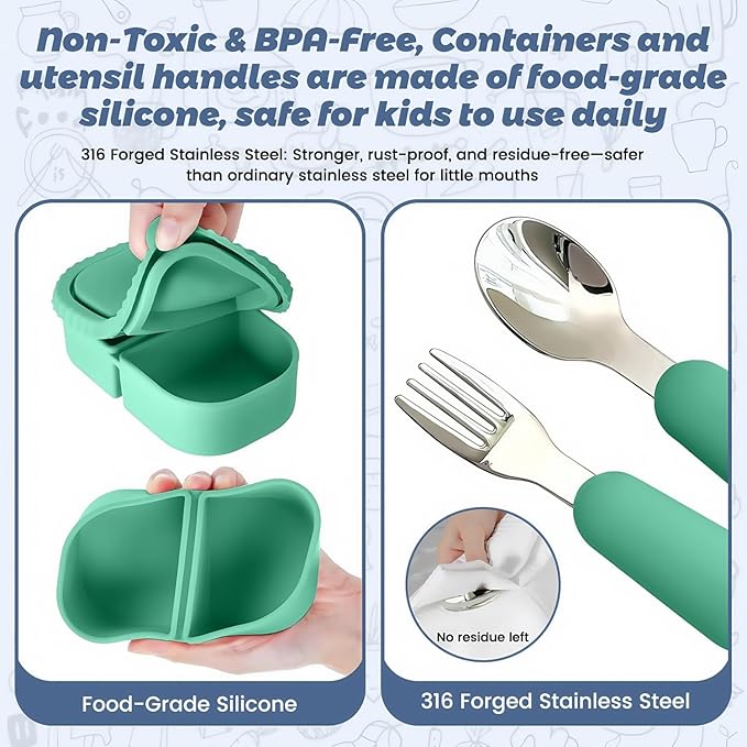 Silicone Snack Containers for Kids (8.5Oz, 2-Compartment)+ Kids Silicone Cutlery Set (Spoon and Fork) - BPA Free, Leak Proof, Great for Toddler/Kid/Adult Meal Prep Containers (green)