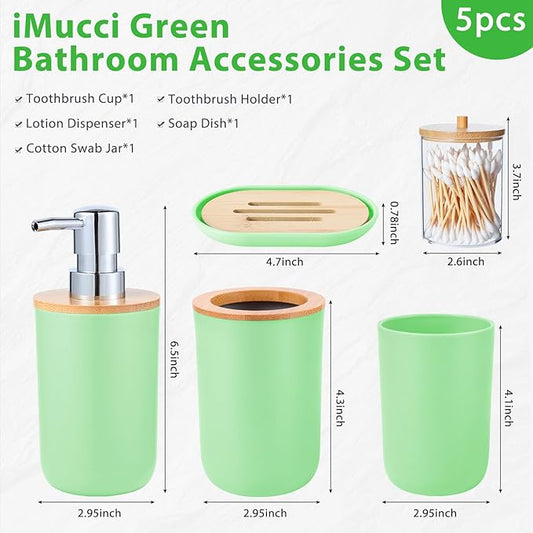 iMucci Bathroom Accessories Set 5Piece Green Bathroom Sets, Toothbrush Holder, Toothbrush Cup, Soap Dispenser, Soap Dish and Qtip Holder Bathroom Decor