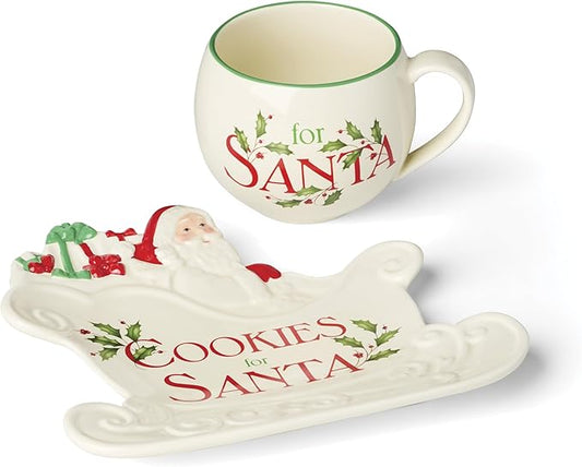 Lenox Serveware, Holiday Cookies & Milk for Santa 2-Piece Set, Service for 1, 11 Oz Cup, Porcelain, Dishwasher Safe, Christmas Cookie Plate & Coffee Mug, Christmas Decor, Santa Sleigh Design (2 Piece)