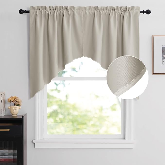 NICETOWN Kitchen Swag Curtains for Living Room, Farmhouse Style Short Curtains for Bathroom Windows, Rod Pocket Room Darkening Window Valances for Home, 1 Pair, 36" x 36" x 18" per Panel, Natural