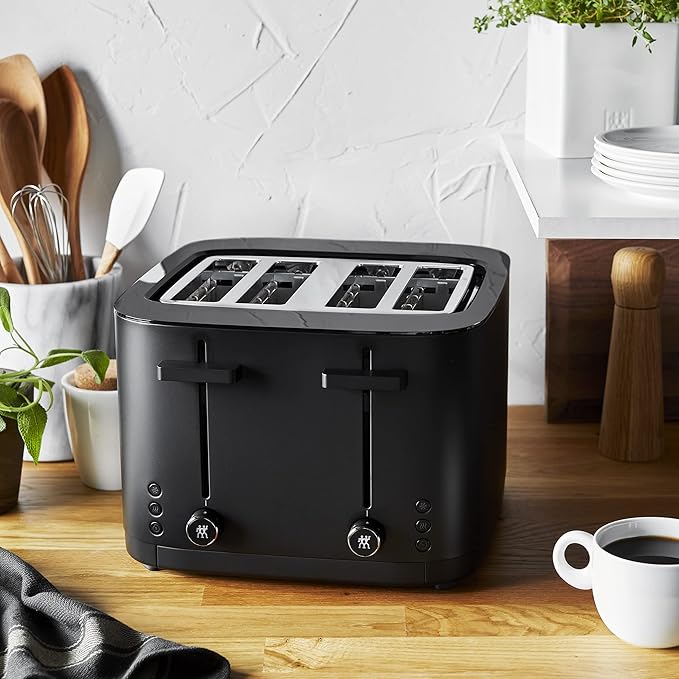 ZWILLING Enfinigy, 4-Slice Toaster with 4 Slots, Extra Wide 1.5" Slots for Bagels and Toast, Black