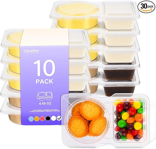 Double Compartment Snack Containers with Lids, 2 Compartment Condiment Container, Plastic Disposable Snack Pack Containers for Sauce, Salad, Food Storage Box(30PCS-Clear)
