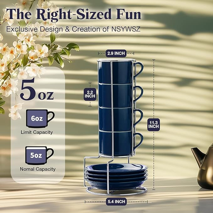8 Ounce Blue Porcelain Stackable Cappuccino Cups with Stainless Steel Holder, Set of 4, Durable Ceramic, Perfect for Home, Office or Gift