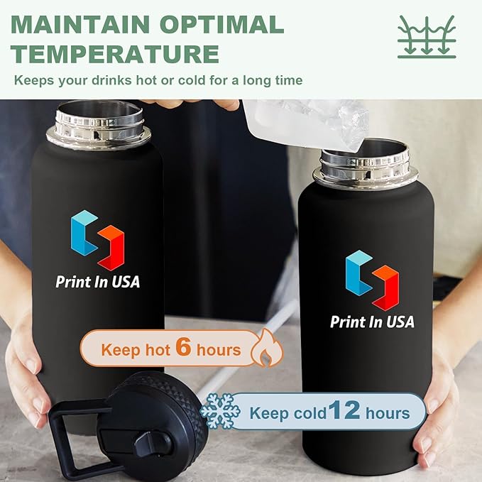 Personalized Custom Print in USA Water Bottle 32oz Stainless Steel Double Wall Coffee Cup with Lid & Straw Insulated Tumbler with Colorful Text Logo Photo
