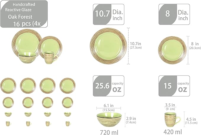 48 Piece Dinnerware Set, Ceramic Plates and Bowls Sets for 8, Microwave and Dishwasher Safe, Handcrafted Tree Bark Series Dish Set, Oak Forest/Dark Green