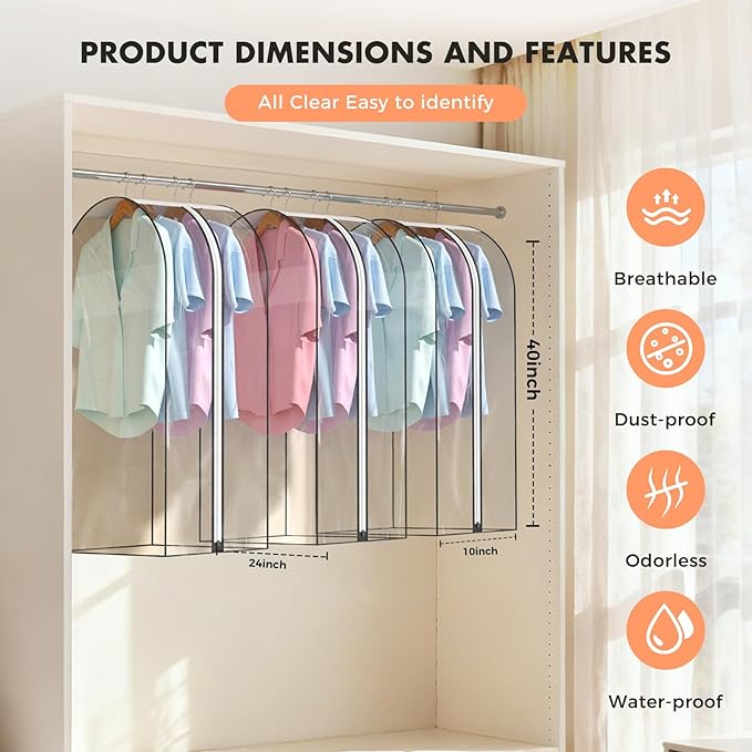 10" Gusseted All Clear Garment Bags for Hanging Clothes 4 Packs 40" Suit Bags for Closet Storage Hanging Clothes Storage Suit Cover for Shirts, Coats, Dresses