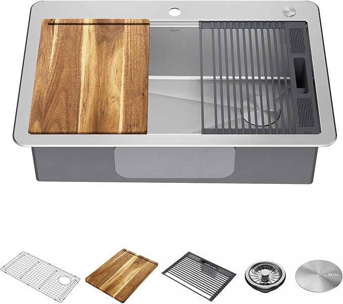 DELTA FAUCET 95A932-33S-SS Lorelai Workstation Kitchen Sink Drop-in Top Mount Stainless Steel Single Bowl with WorkFlow Ledge and Chef’s Kit of 5 Accessories