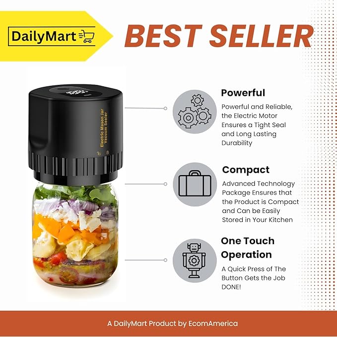 Electric Mason Jar Vacuum Sealer Kit, Portable, Automatic Start Stop, Wide Mouth and Regular Lid, Opener and Lids Included, for Canning Sealing Preserving Jars, Pickling, Jams Food Storage (Black)