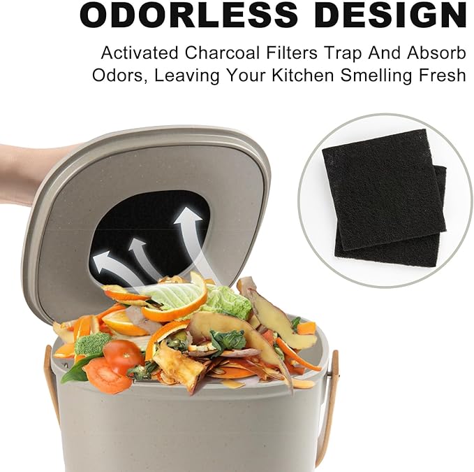 Compost Bin Kitchen, LALASTAR Countertop Compost Bin with Lid, Made of Sustainable Bamboo Fiber, Odorless Indoor Compost Bucket, 1 Gallon, Grey, Square