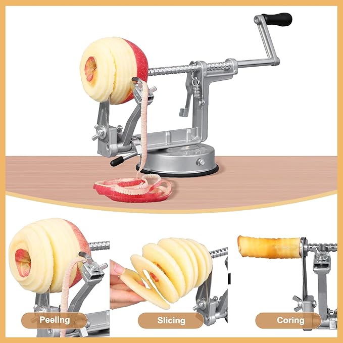 Apple Peeler Slicer Corer with Stainless Steel Blades and Powerful Suction Base for Apples Pears Potatoes(Grey)