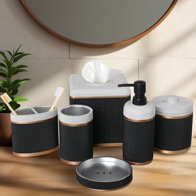 Decozen Bathroom Accessories Set 6Pcs – Soap Dispenser, Toothbrush Holder, Tumbler, Soap Dish & Cotton Swab Jar – Modern Bathroom Decor, Bath Set for Christmas Decor, Seiler