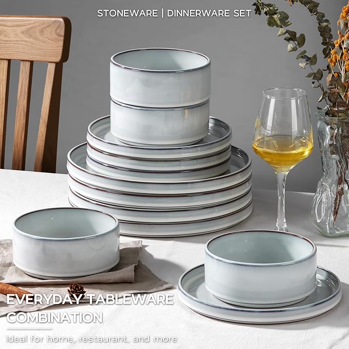 Onader Stoneware Dinnerware Sets, 12 Piece Plates and Bowls Dish Sets for 4, Ceramic Dishware Dining Ware with Rustic Terracotta Bottom - Glacier White