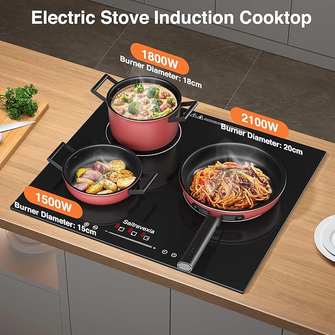 24 Inch Induction Cooktop 3 Burners, 5400W Built-in Induction Stovetop, 3 Power Boost Burners Electric Cooktop, Child Lock, 9 Power Levels, Timer, Touch Control 220-240V Hard Wire