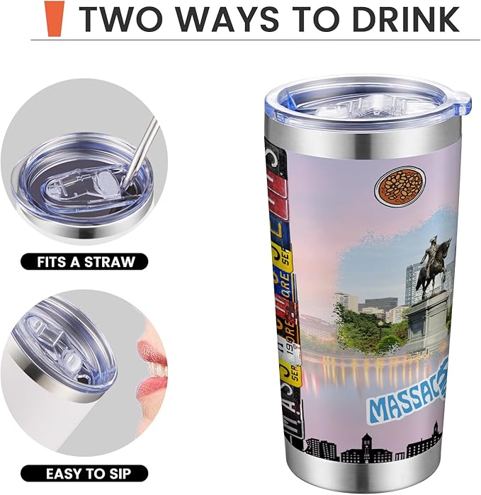 20oz Insulated Tumbler Massachusetts State Coffee Mug, United States Map Travel Mug Landmark, Birthday Gifts Cute Custom Tumbler Cups with Lid and Straw Mothers Day Gifts