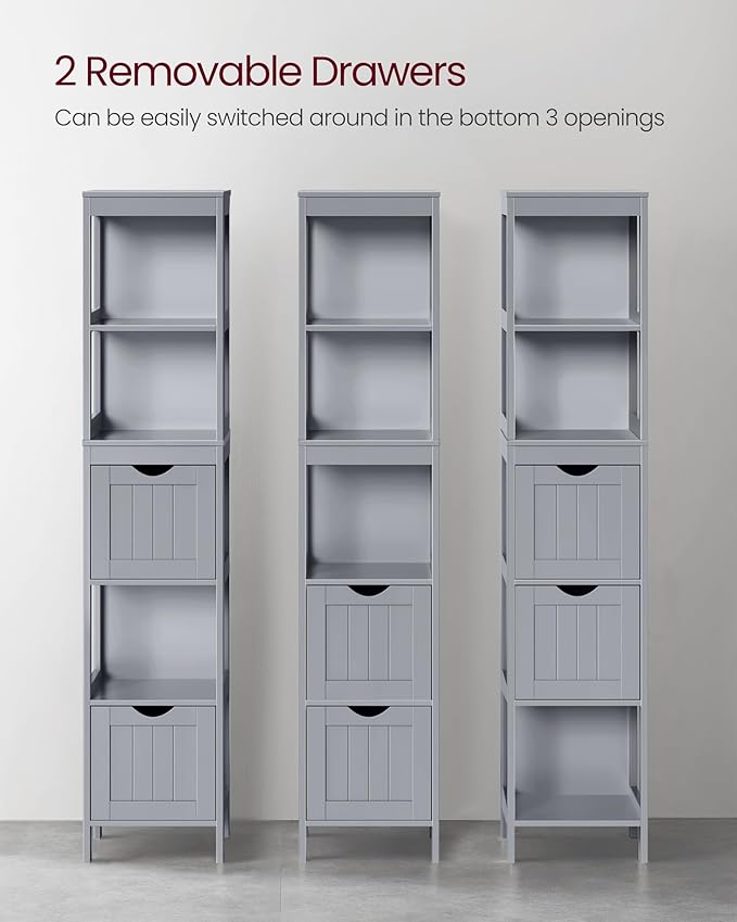 VASAGLE Storage Cabinet, Storage Organizer Rack Stand for Bathroom, Living Room, Bedroom, Multifunctional Corner Unit, 2 Drawers, 55.7 Inches in Height, Dove Gray UBBC066G02