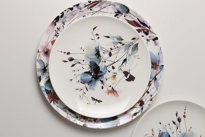 KOKEN Blue Dragonfly Ceramic Dinnerware Set - 4 Piece Plates and Bowls, Microwave Safe