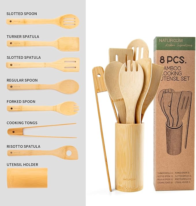 Naturoom Kitchen Utensils Set of 8 PCS, 12Inches Bamboo Wooden Cooking Spoon & Spatula Tools Perfect for Non-Stick Cookware (Bamboo 12inches)