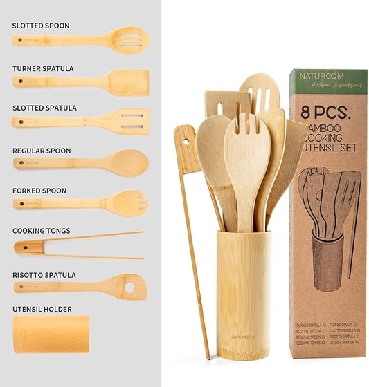 Naturoom Kitchen Utensils Set of 8 PCS, 12Inches Bamboo Wooden Cooking Spoon & Spatula Tools Perfect for Non-Stick Cookware (Bamboo 12inches)