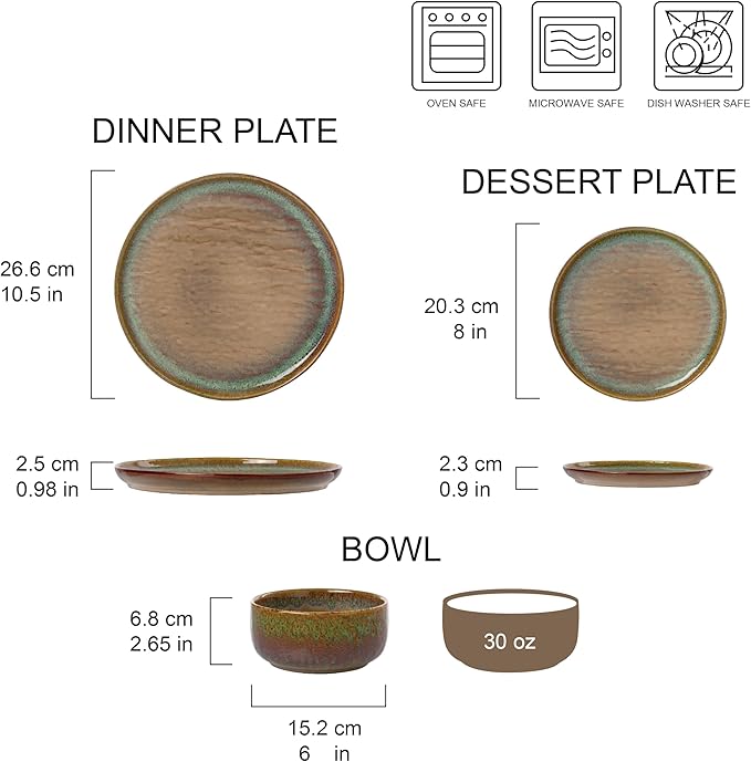 Joseph Sedgh Collection “Alyssa” 12-Piece Stoneware Dinnerware Set with Reactive Glaze Finish, Service for 4, Brown Reactive Glaze