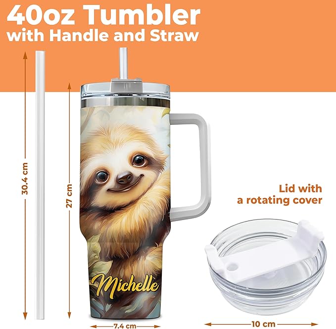 Personalized Sloth 40oz Tumbler with Handle and Straw Gifts for Animal Lovers, Sloth Lovers Cup for Women Girl, Cute Animal Birthday Christmas Gift, Custom Name Stainless Steel Travel Cup