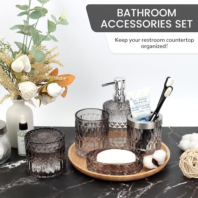 Black Bathroom Accessories Set, 5 Pcs Vintage Diamond Clear Glass Bathroom Set Include Lotion Soap Dispenser, Soap Dish, Toothbrush Holder, Tumbler, Cotton Swab Jar for Modern Bath Countertop Decor