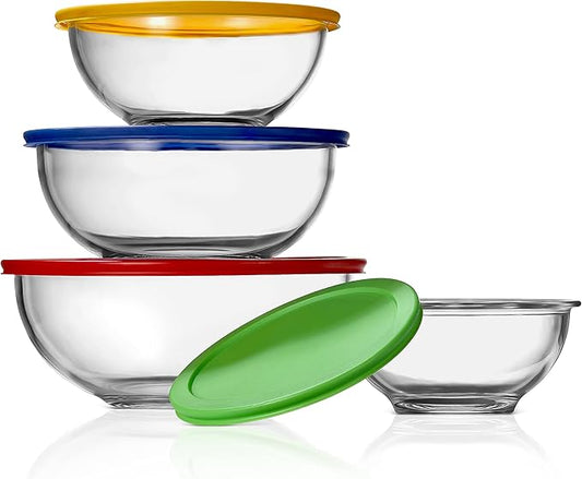 NutriChef 4‑Piece Glass Mixing Bowls with Lids – Premium Borosilicate Glass Bowl Set (1 QT‑3.7 QT) – Non‑Toxic Bowls with Airtight Lids for Mixing, Baking, Serving & Storage