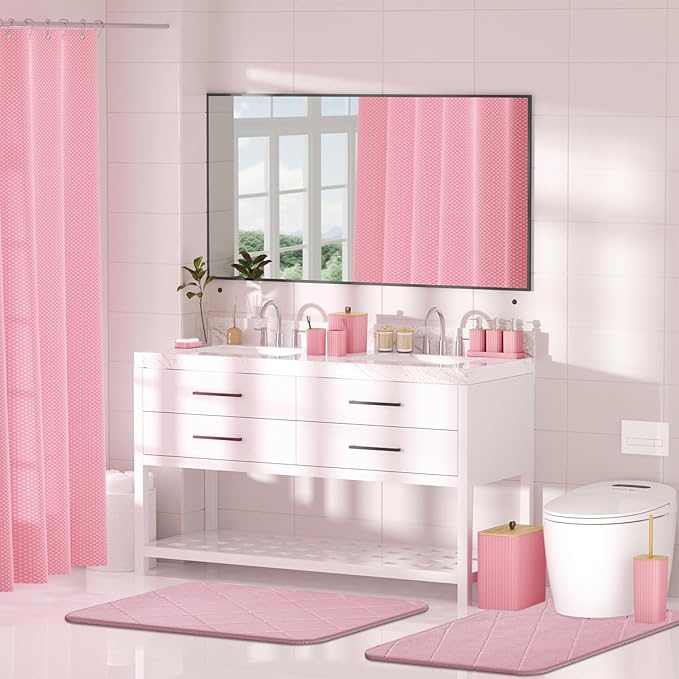 Bathroom Accessory Set - Pink Bathroom Set, 27PC Bathroom Accessories Set, Bathroom Sets with Shower Curtain and Rugs, Mini Trash Can, Toilet Brush, Trash Can & Soap Dispenser