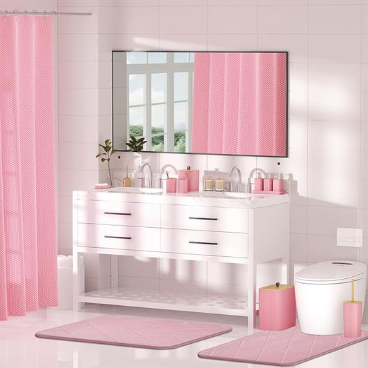 Bathroom Accessory Set - Pink Bathroom Set, 27PC Bathroom Accessories Set, Bathroom Sets with Shower Curtain and Rugs, Mini Trash Can, Toilet Brush, Trash Can & Soap Dispenser