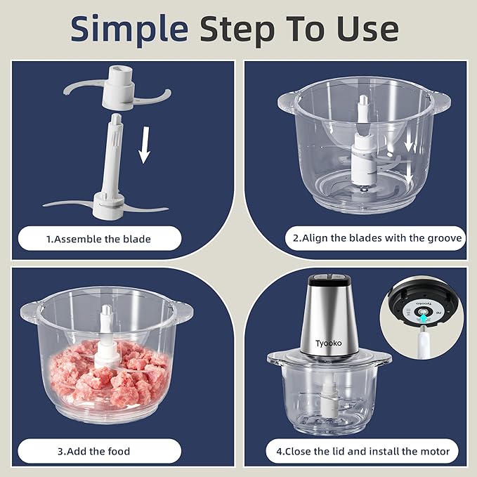 Electric Food Processor Vegetable Chopper, Kitchen Aid Easy Clean Meat Grinder with 2 Bowls (8 Cup Stainless Steel+8 Cup Glass), Small Food Mixer for Fruits/Meat/Nuts/Fish/Vegetable/Pet Food/Baby Food