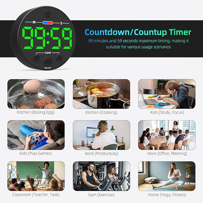Large LED Digital Timer, Magnetic Countdown Loud Timer for Kitchen Cooking, Classroom Whiteboard, Kids, Toddler, Game, Productivity, Focus, Work, Task, Office, Meeting – Small, Simple, Visual, Green