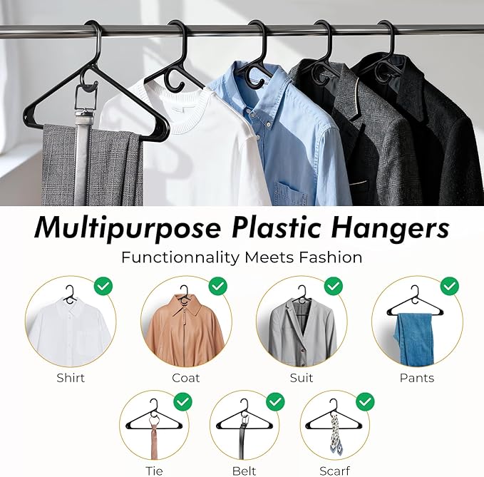 HOUSE DAY Quality Plastic Clothes Hangers 12 Pack – Super Heavy Duty 20lb Capacity Thick Strong Closet Hangers Black for Adult Clothing – Durable for Coats, Jackets, Jeans, Pants
