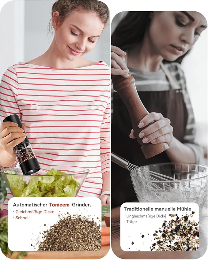 Electric Salt and Pepper Grinder Set with Adjustable Coarseness, Rechargeable Automatic Salt and Pepper Grinder Set with One Hand Operated and LED Light, Salt Grinder & Pepper Mill for Family BBQ