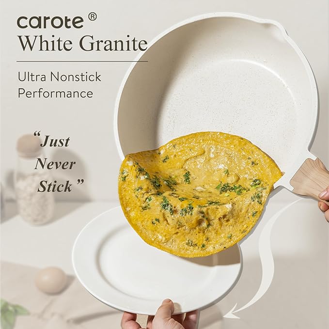 CAROTE 22pcs Pots and Pans Set Nonstick, Cookware Set White Granite Induction Kitchen Cooking Set w/Frying Pans & Saucepans& Grill Pan(PFOS, PFOA Free)