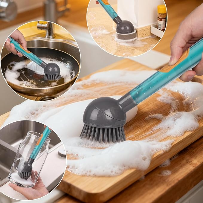 Soap Dispensing Dish Brush Storage Set with 360° Rotating Head, Kitchen Brush with 2 PCS Different Brush Heads & 3 PCS Sponges, Dish Brush Set with Handle for Dishes, Sink, Pans, Pots
