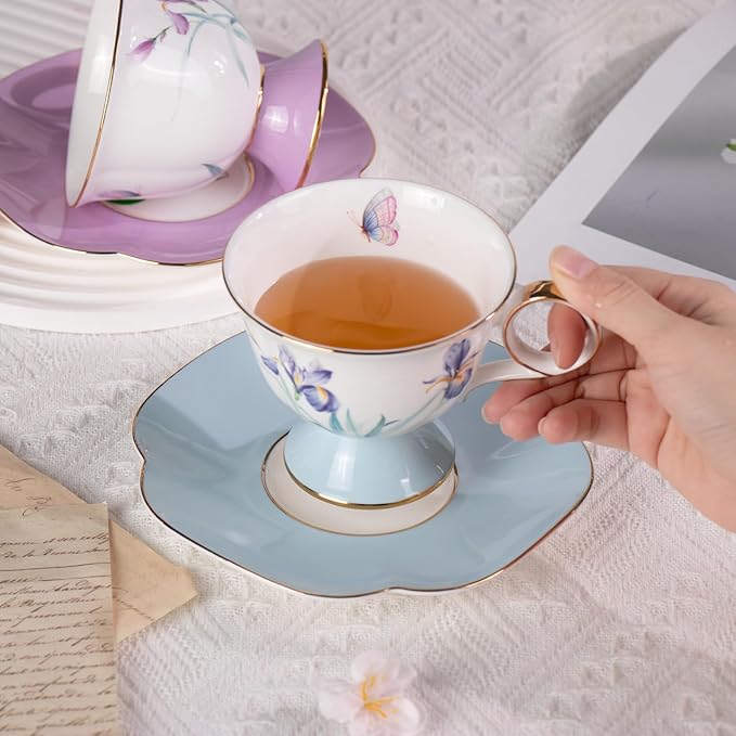 KAMMAK Ceramic Coffee Cups Saucers Set of 2, Porcelain Espresso Cups with Saucers, 8.45 oz Handcrafted Elegant Bone China Tea Cups, Iris Flower & Butterfly Pattern Teacup for Party, Office, Gift
