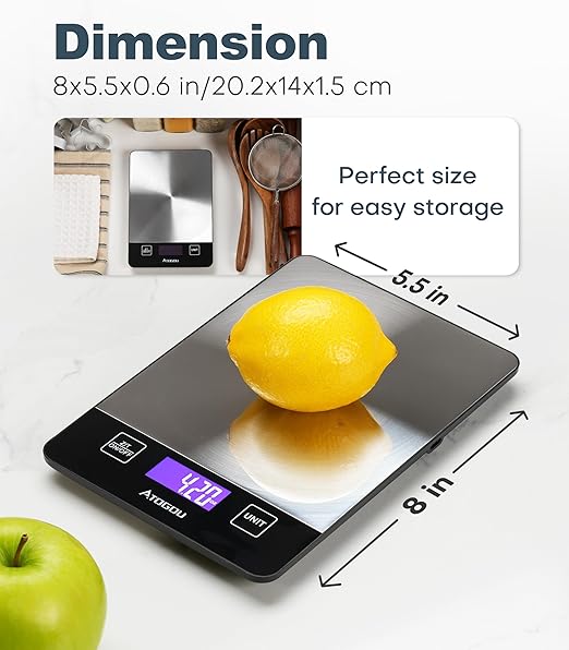 Atogou 33lb Food Scale, Rechargeable Kitchen Scale with Full-View Backlit LCD Display, Stainless Steel Surface, Type-C Charging or AAA Batteries (not Included), for Baking, Cooking, Food, Meal Prep