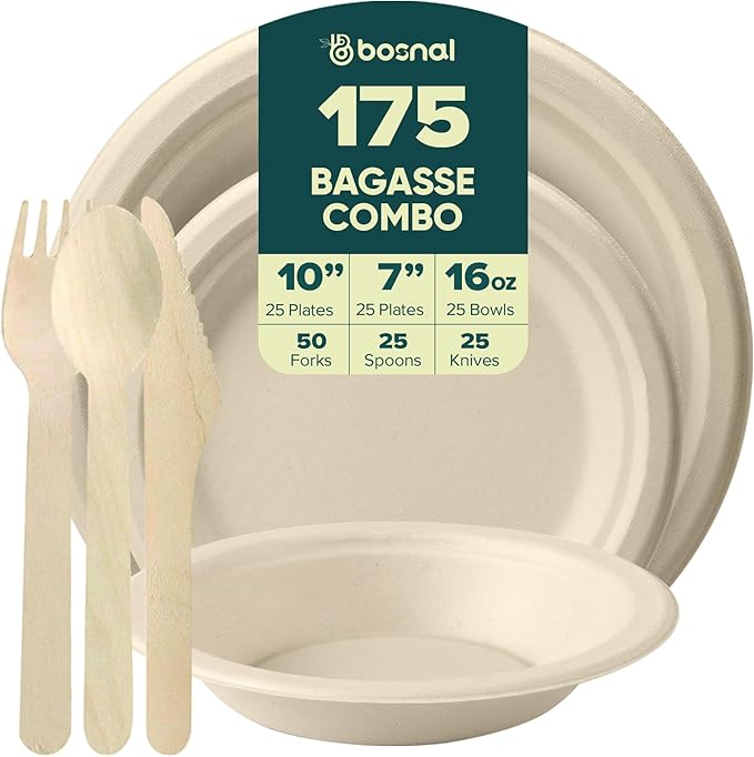 BOSNAL 10 inch & 7 inch Round Plates with 16 oz Bowls & Cutlery – 100% Plant-Based Sugarcane Bagasse, Eco-Friendly Disposable Dinnerware for Hot & Cold Meals, Microwave Safe, Durable & Compostable