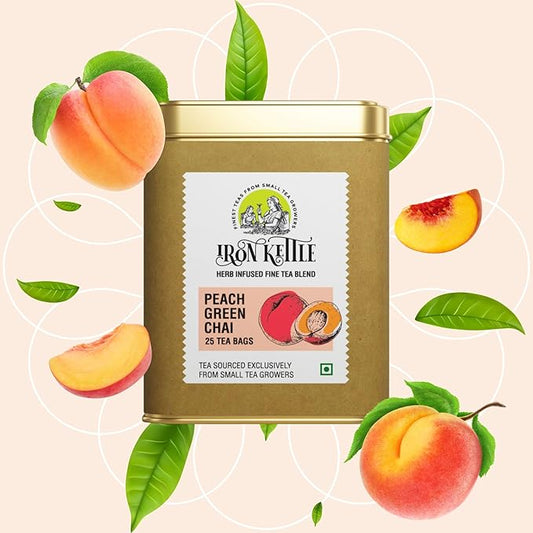 Iron Kettle Peach Green Tea | High Grown Green Tea bag blended with Safflower & Natural Peach extract | Sourced exclusively from small tea growers with higher fine leaf count | 25 Tea Bags
