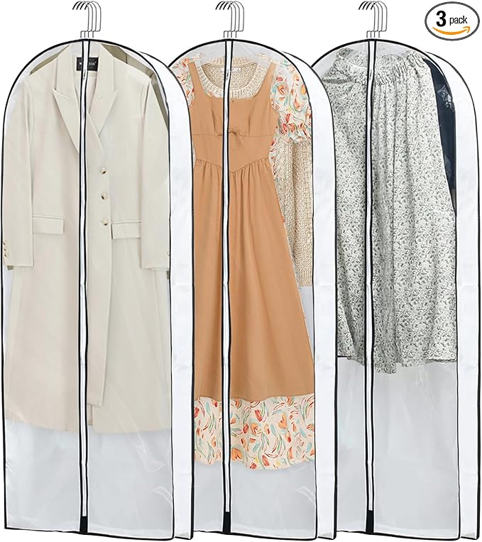 3 Pack 60" Long Plastic Garment Bags for Hanging Clothes, 4" Gusseted Clear Covers for Closet Storage Travel, Foldable Protector for Dress Shirt Gown Coat Suit Down Jacket