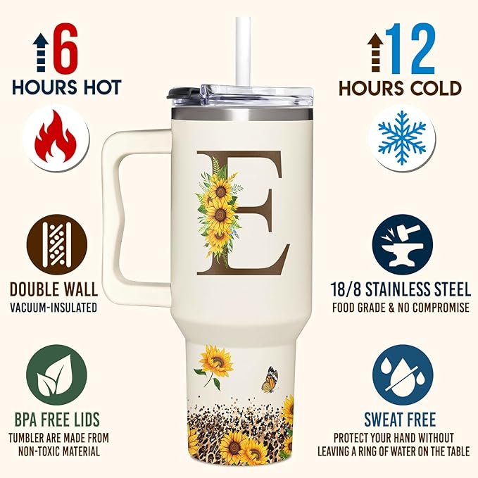 Personalized Birthday Gifts For Women - Sunflowers Monogrammed Cup For Boss Day, Christmas - Customized Gifts For Women, Mom, Wife, Coworkers, Boss Lady, Her - Custom Tumbler With Handle 40oz
