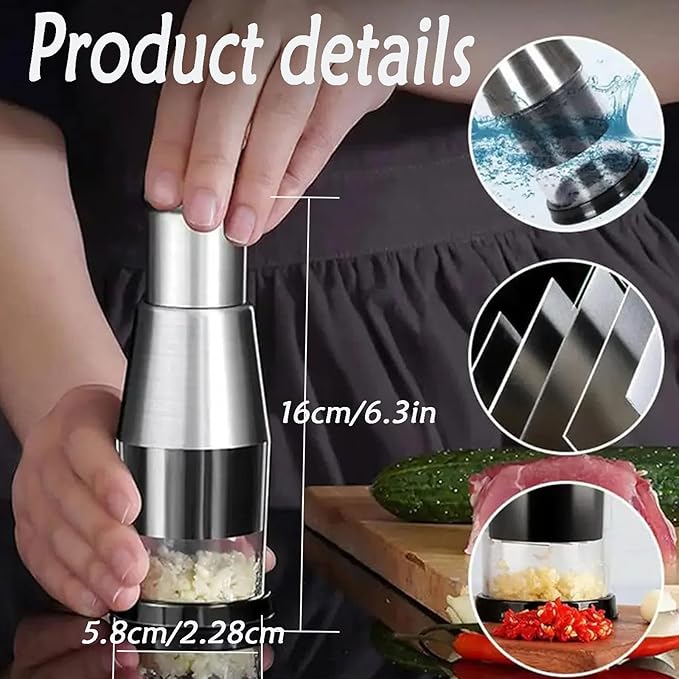 Manual Garlic Chopper Garlic Crusher Pressing Handheld Food Chopper Slicer Vegetable Cooking Crusher Stainless Steel for Food Enthusiasts and Cooking Staff