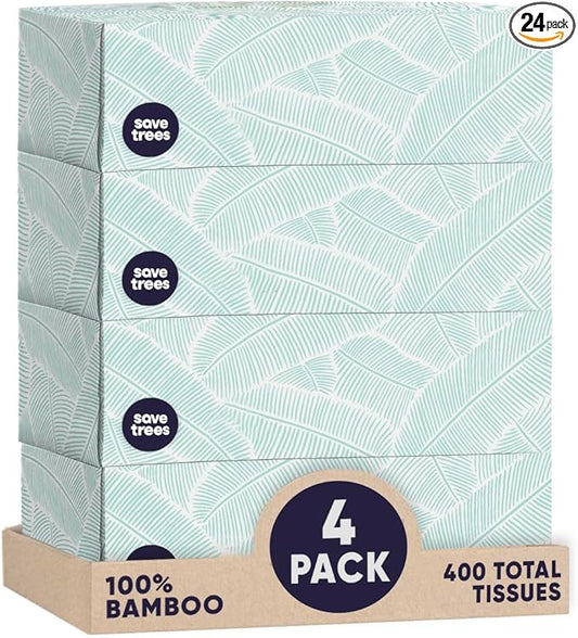Save Trees Bamboo Facial Tissues -24 Boxes- Bamboo Tissue Boxes, 90 Hypoallergenic Facial Tissues per Box - Unscented, Fragrance-Free, Eco-Friendly Tissues in Plastic-Free Packaging