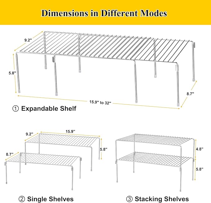 Set of 4 Kitchen Cabinet Organizer Shelves, Stackable Organizer and Storage for Cabinet Cupboard, Expandable Shelf Risers Plate Rack with Anti-Slip Plastic Liner