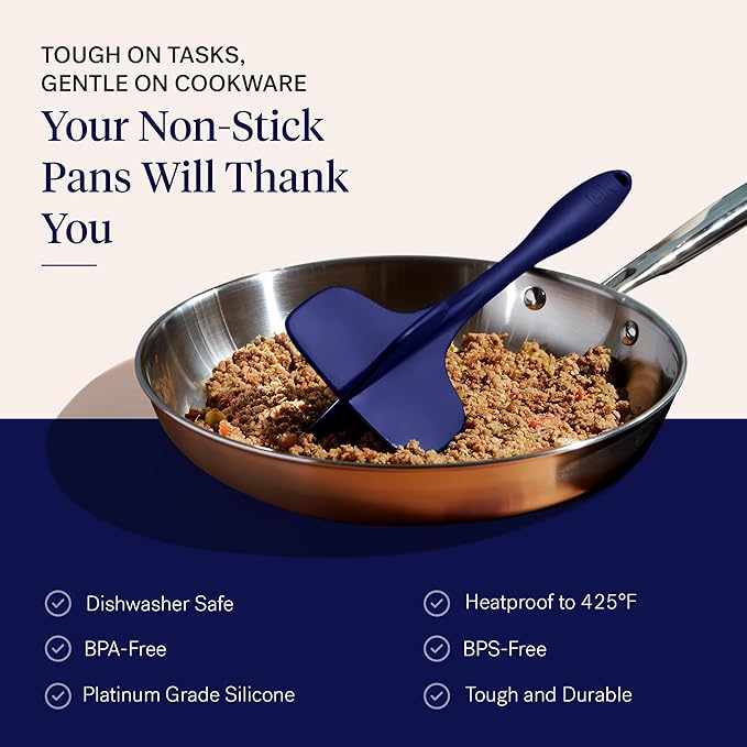 GIR: Get It Right Silicone Potato Masher & Quad Meat Chopper - 12 In Navy - Heat Resistant up to 425°F Fiberglass Core - 7-Blade Ground Meat Chopper & Food Masher - Dishwasher Safe Kitchen Gadget
