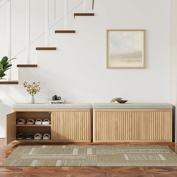 Entryway Shoe Storage Bench with 2" Cushion, 37.4" Small Bench with Shoe Rack, Cabinet Organizer for Hallway，Bedroom End of Bed,Light Oak