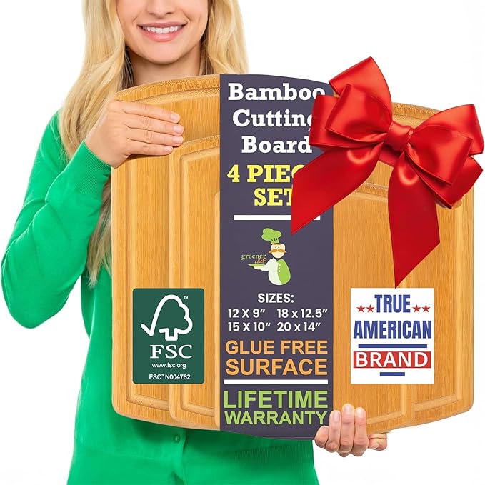 Glue-Free Surface™ 2XL Extra Large Bamboo Cutting Board Set of 4 – Small, Medium, XL, and Oversized Sizes from Chopping Vegetables to Carving Meat & Turkey for Large Family Meal Prep and Gatherings