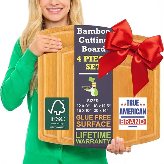 Glue-Free Surface™ 2XL Extra Large Bamboo Cutting Board Set of 4 – Small, Medium, XL, and Oversized Sizes from Chopping Vegetables to Carving Meat & Turkey for Large Family Meal Prep and Gatherings