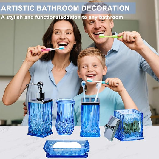 Bathroom Accessories Set,5 Pcs Blue Glass Bathroom Accessory Set,Complete Lotion Soap Dispenser, Toothbrush Holder,Soap Dish,Tumbler & Jar,Modern Bathroom Decor Sets,Gift for Home Apartment,Square