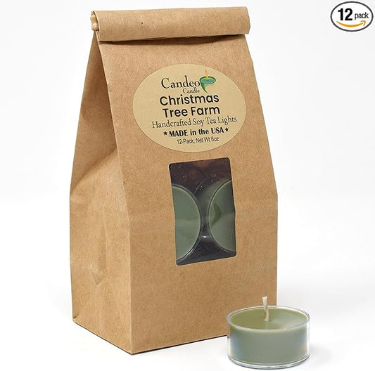 Candeo Candle Woodsy Winter Tealights 12 Pack Soy Beeswax Blend – Winter Lodge, Fraser Fir, O Christmas Tree, Clove & Holiday Home – Cozy Cabin Holiday Candles Handmade USA (Christmas Tree Farm)